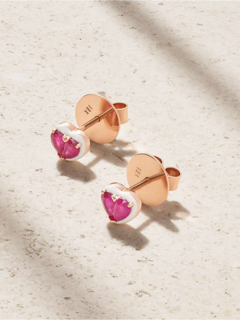 Kamyen Heartbeats 18-karat Rose Gold, Ruby And Enamel Earrings
