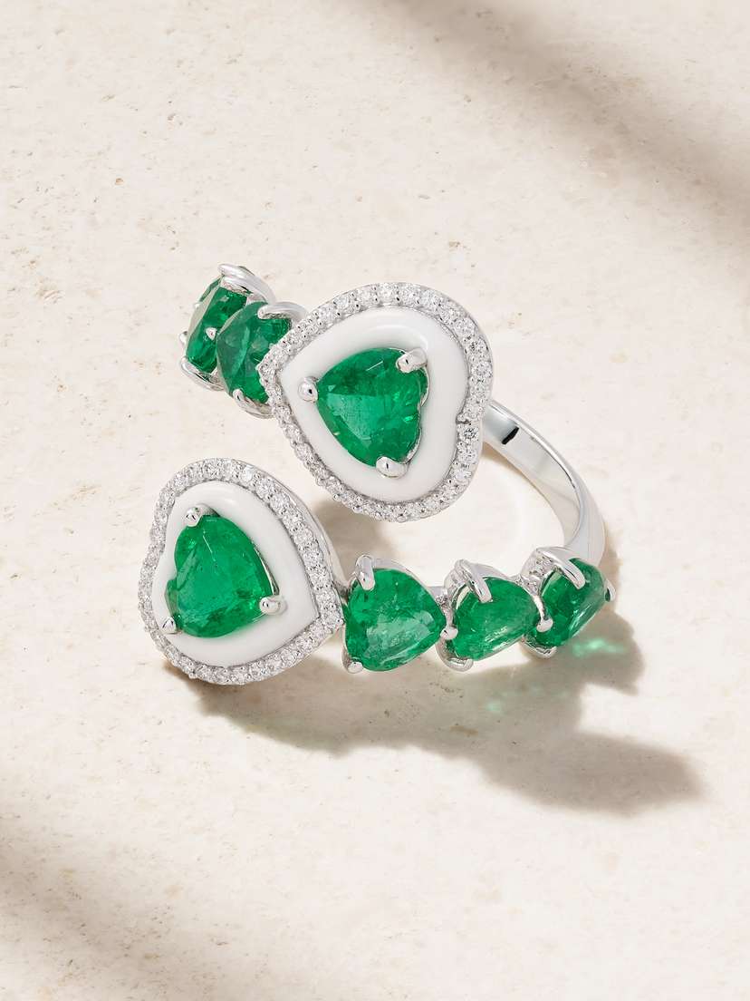 Kamyen Sea 18-karat White Gold, Emerald, Diamond And Enamel Ring