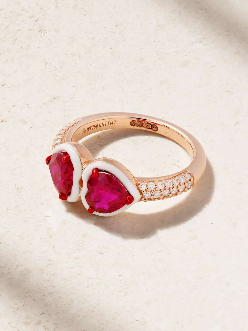 Kamyen Twin Heart 18-karat Rose Gold, Ruby, Diamond And Enamel Ring