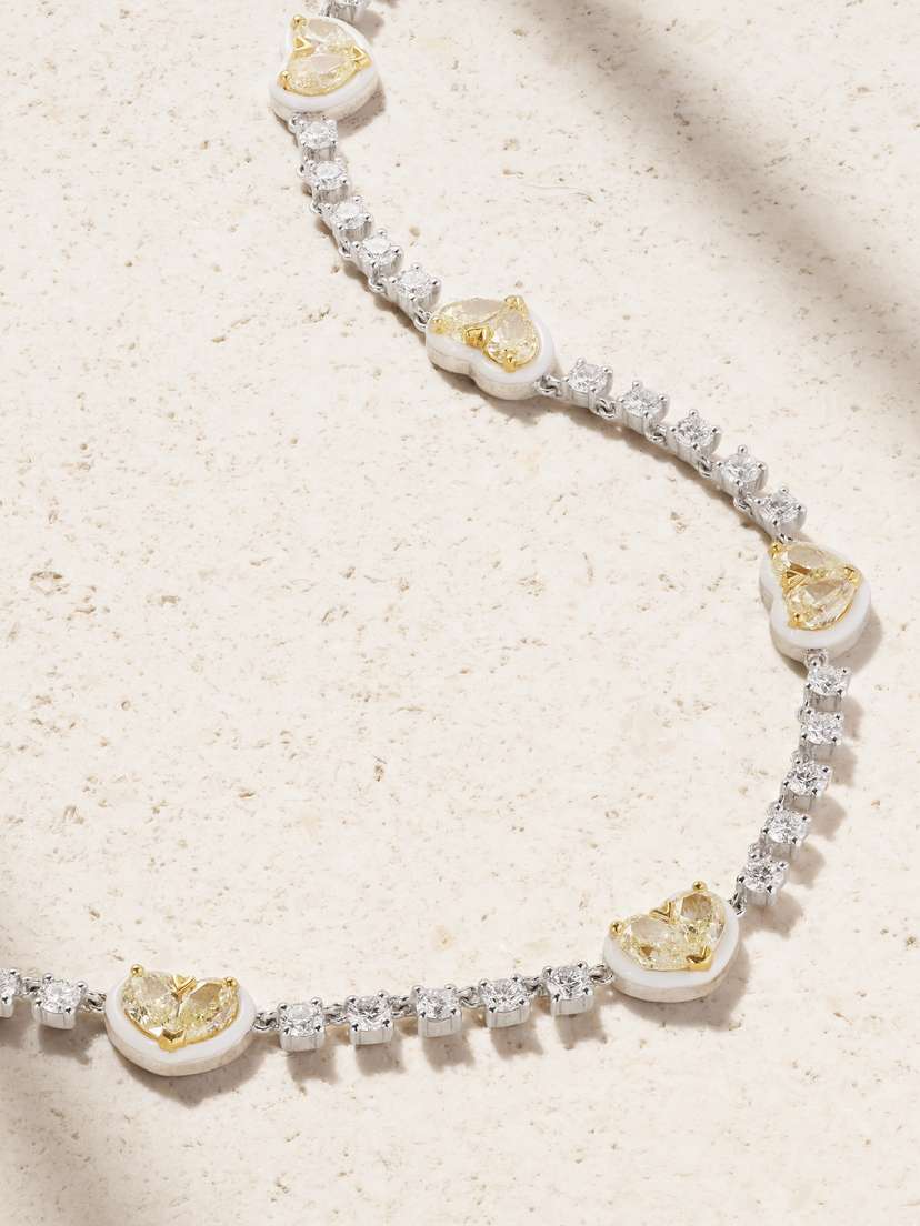 Kamyen Twin Heart 18-karat White Gold, Enamel And Diamond Necklace