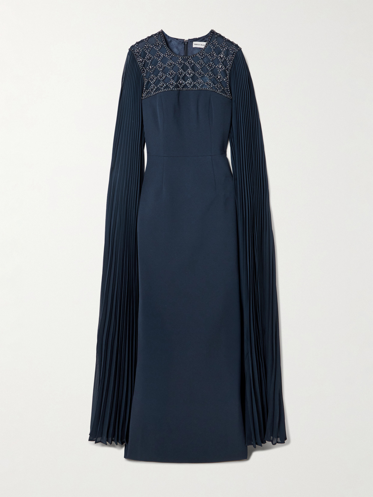 Rebecca Vallance Memphis Cape-effect Embellished Pleated Crepe Gown In Blue