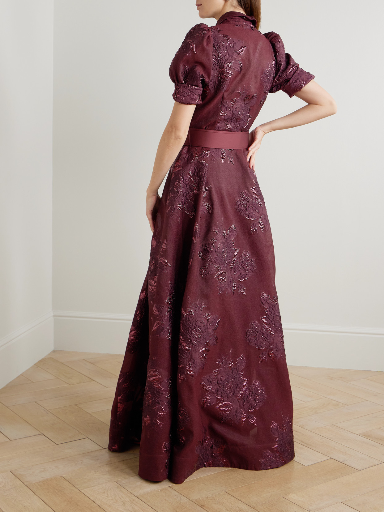 Rebecca Vallance Arlette Belted Metallic Cloqué Gown In Burgundy