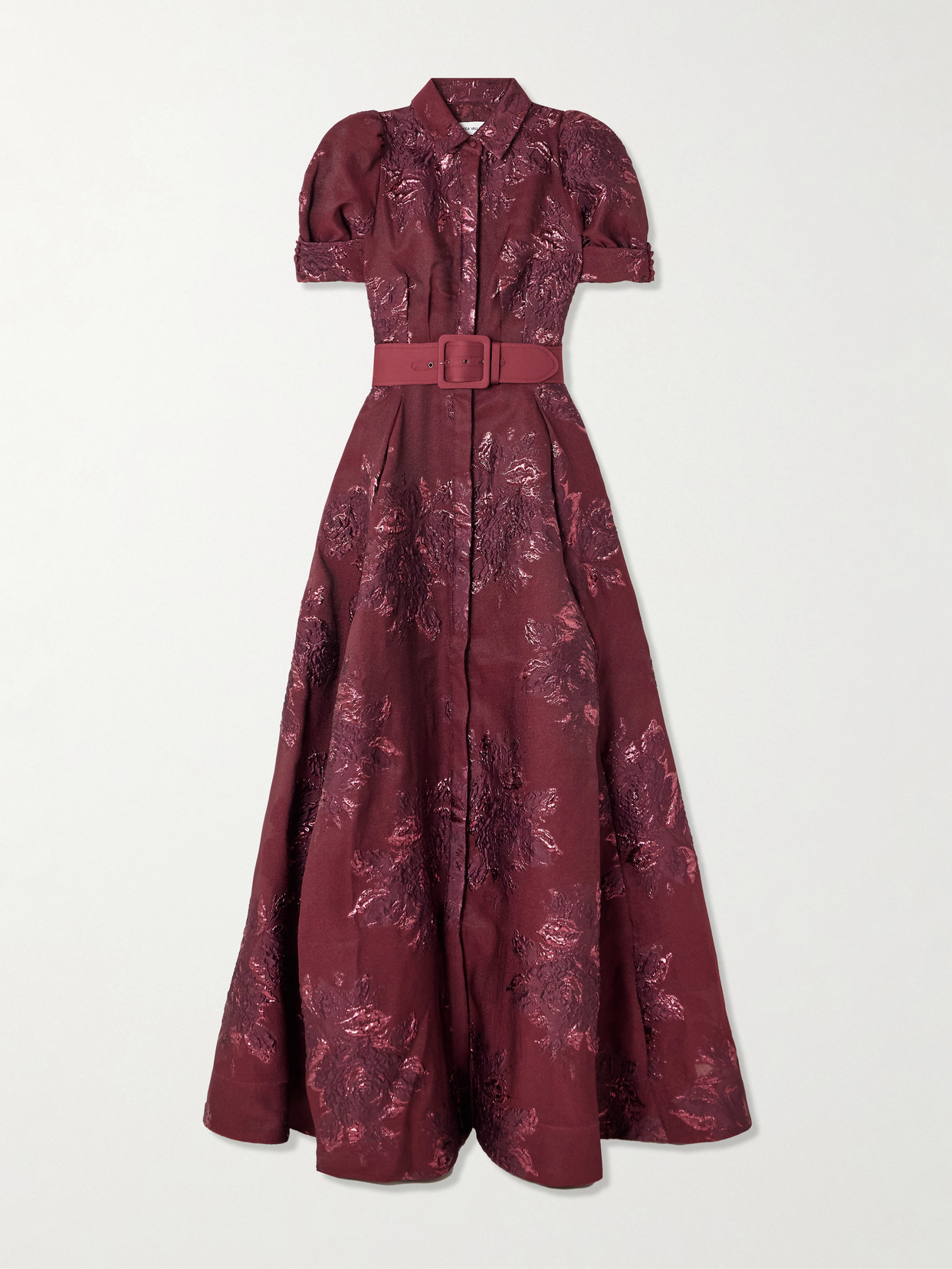 Rebecca Vallance Arlette Belted Metallic Cloqué Gown In Burgundy