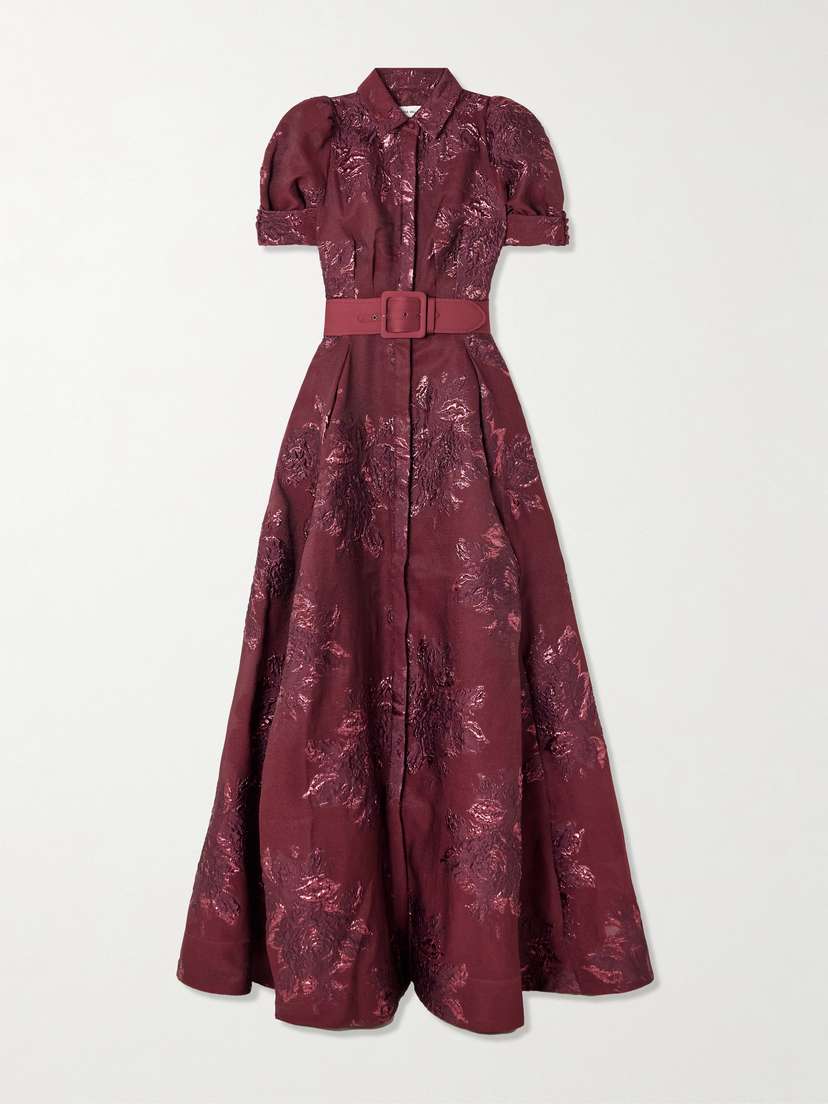 Rebecca Vallance Arlette Belted Metallic Cloqué Gown