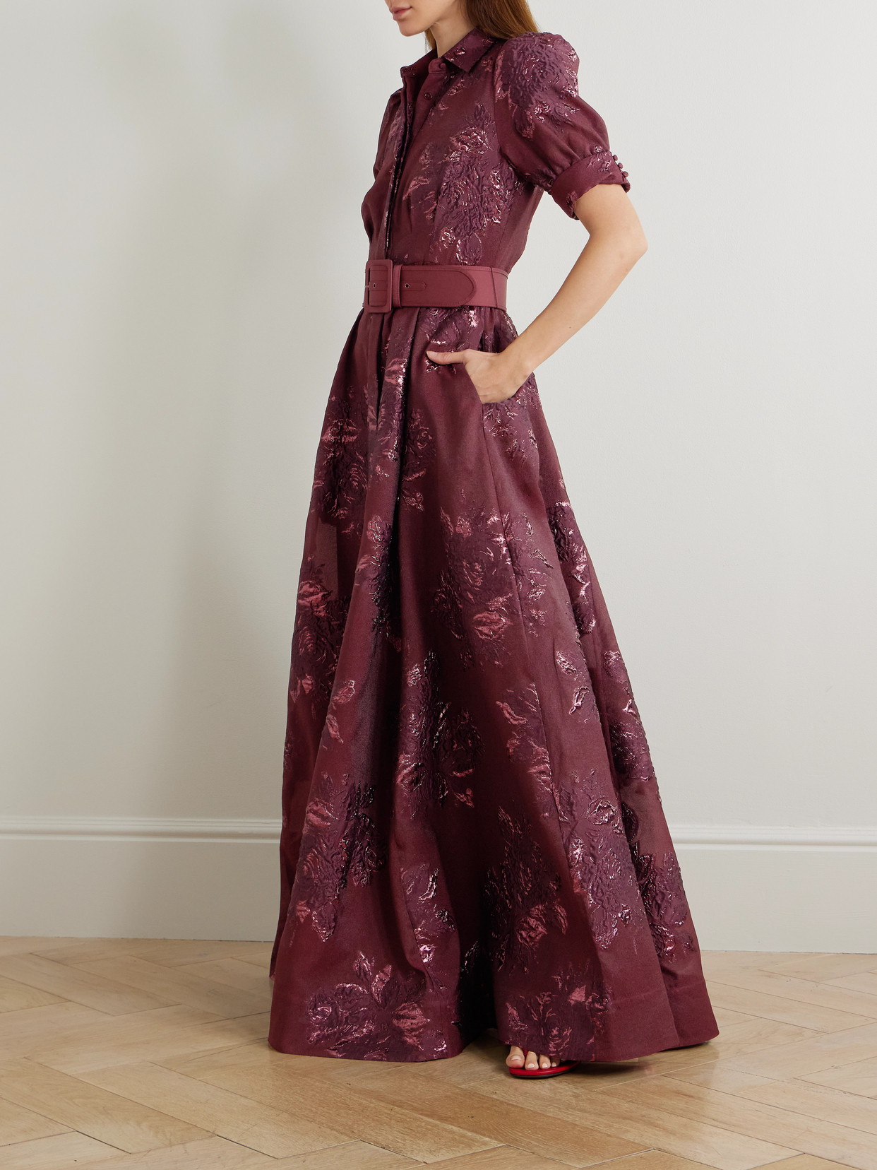Rebecca Vallance Arlette Belted Metallic Cloqué Gown In Burgundy