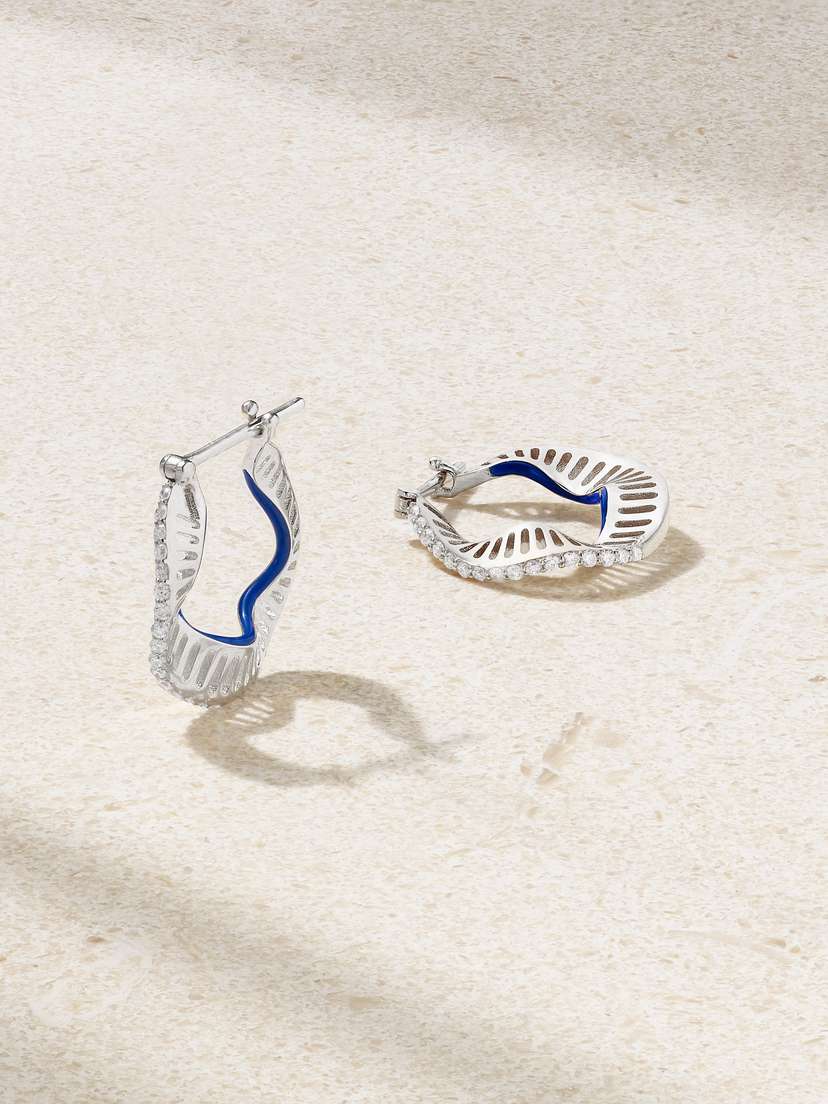 L’Atelier Nawbar Wave 18-karat White Gold, Enamel And Diamond Earrings