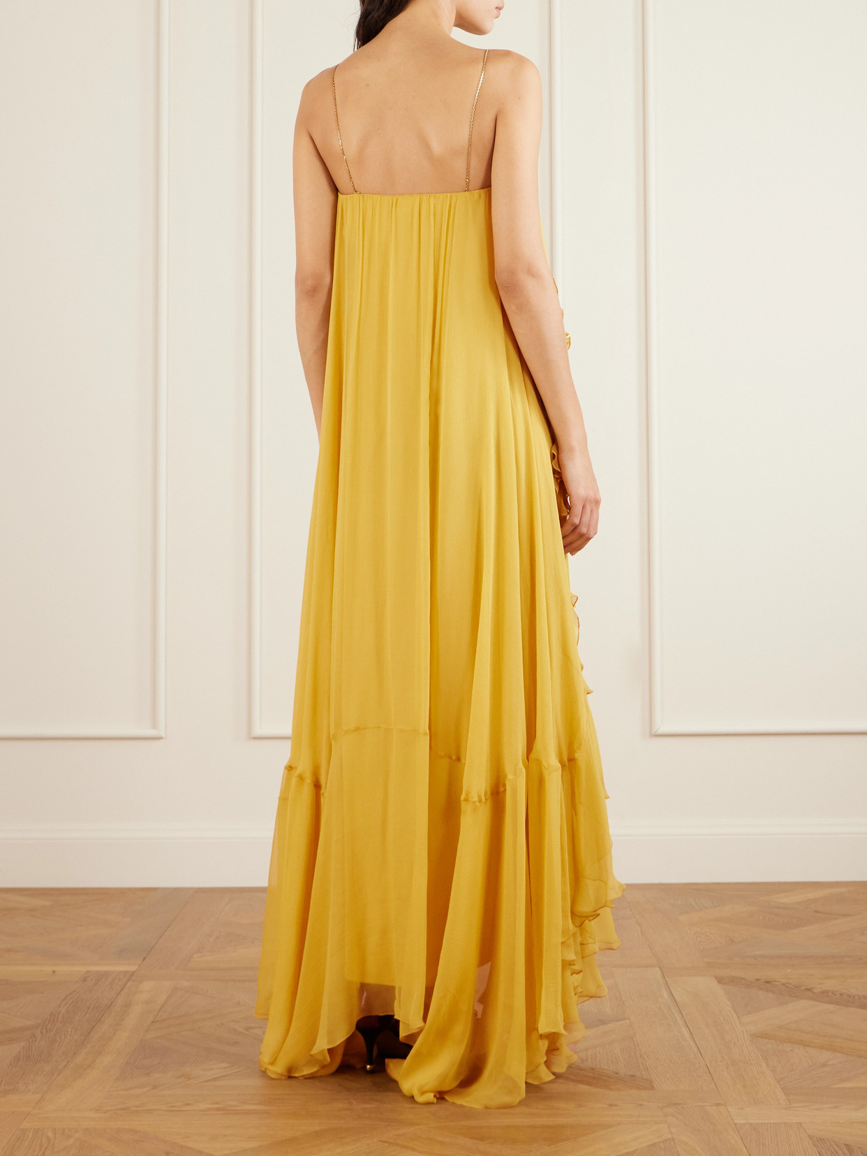Chloé Asymmetric Embellished Ruffled Organic Silk-crepon Gown In Yellow
