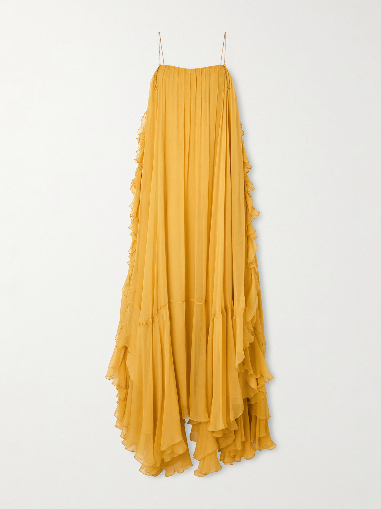 Chloé Asymmetric Embellished Ruffled Organic Silk-crepon Gown In Yellow