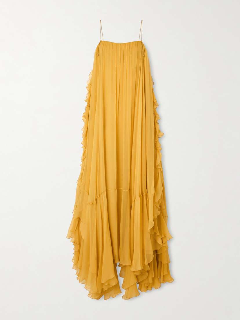 Asymmetric Embellished Ruffled Organic Silk-crepon Gown