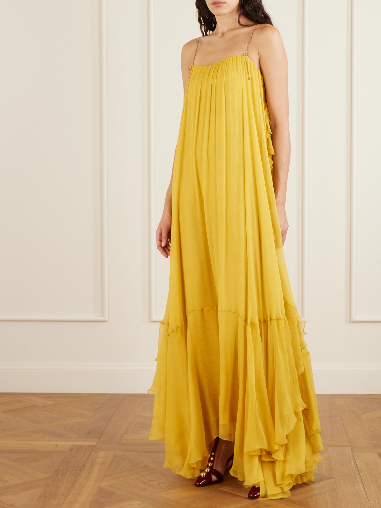 Chloé Asymmetric Embellished Ruffled Organic Silk-crepon Gown In Yellow