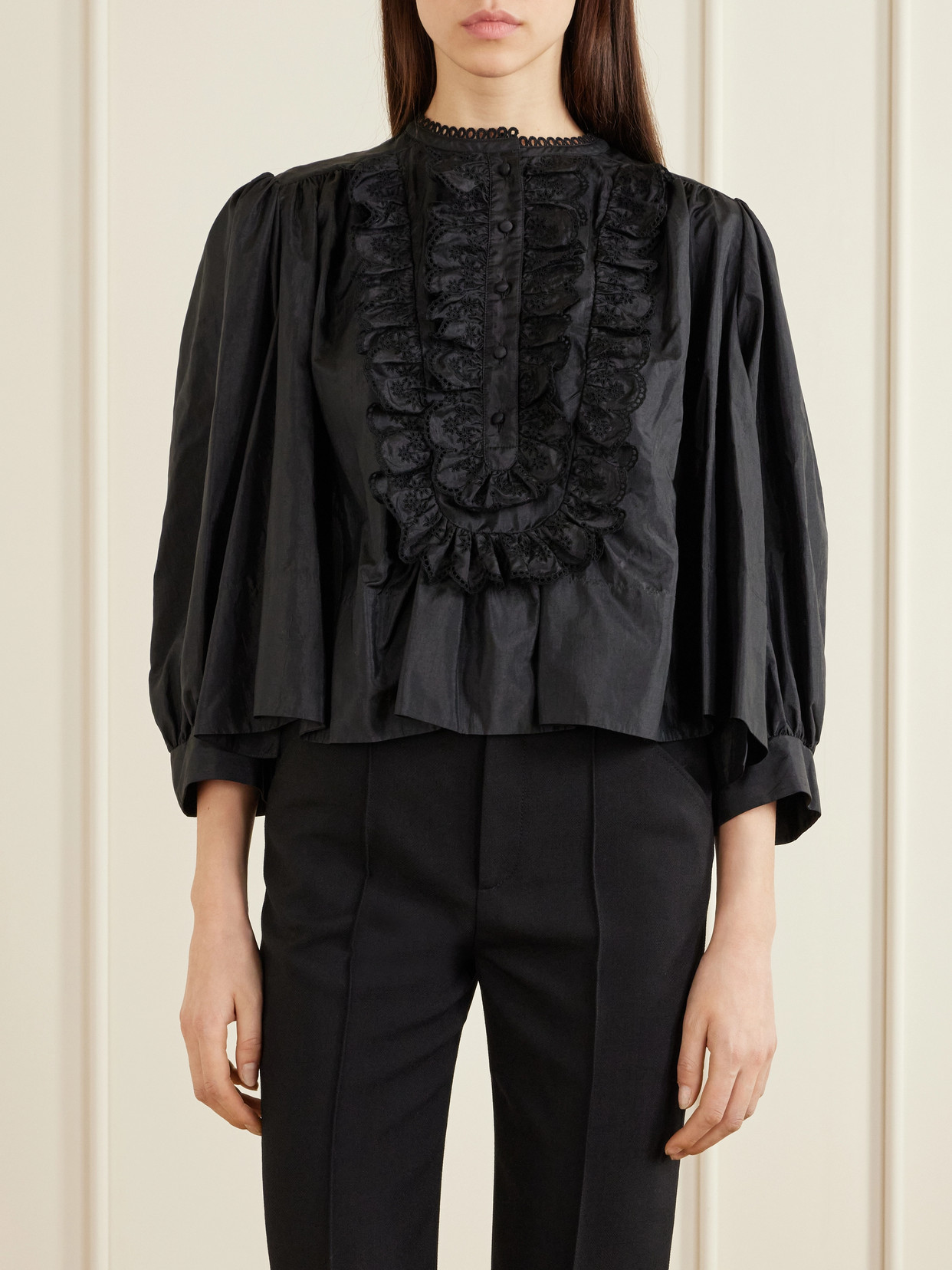 Chloé - Ruffled Broderie Anglaise-Trimmed Taffeta Blouse