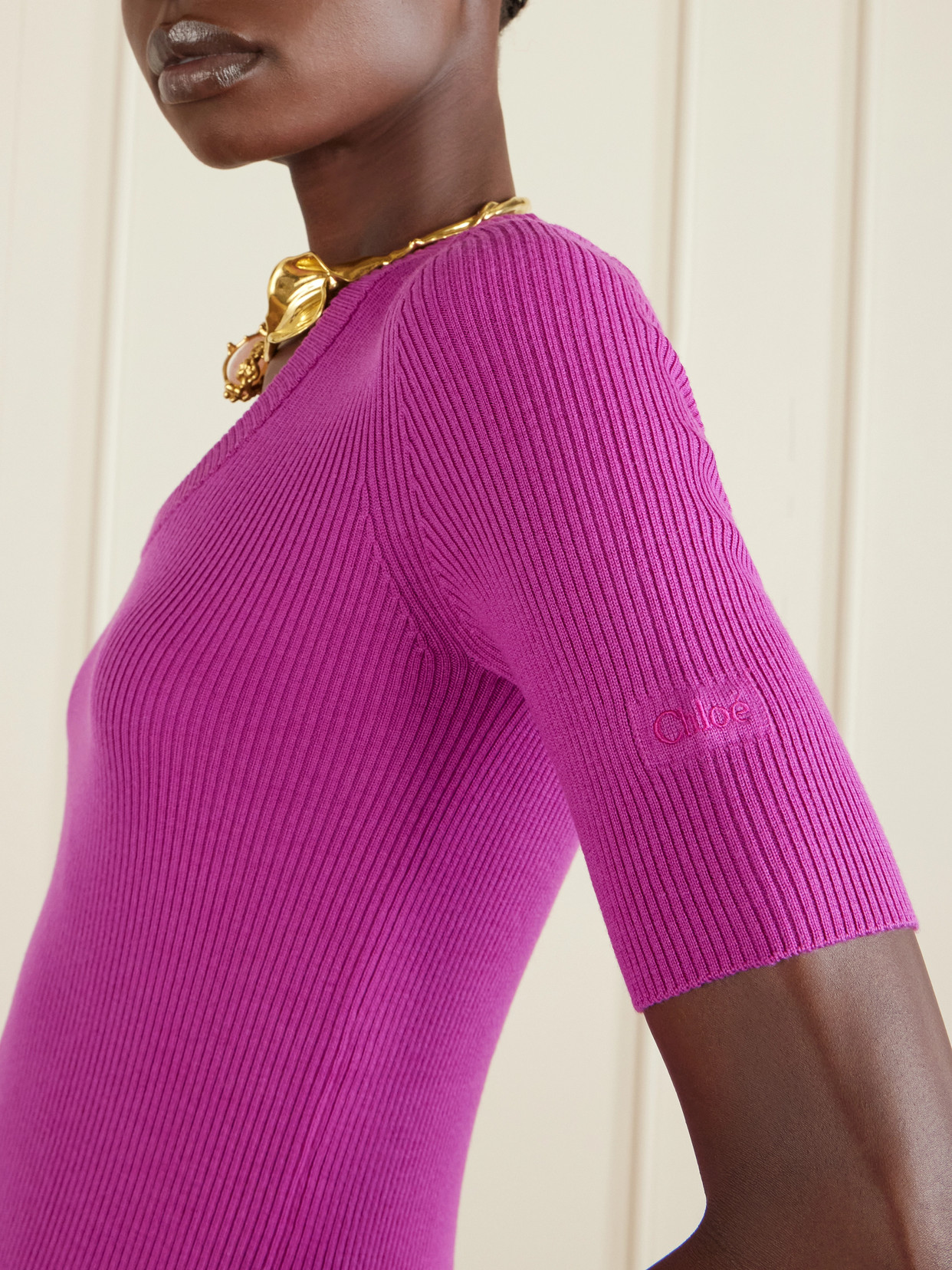 Chloé Chloe Logo-embroidered Ribbed Wool Top In Multi