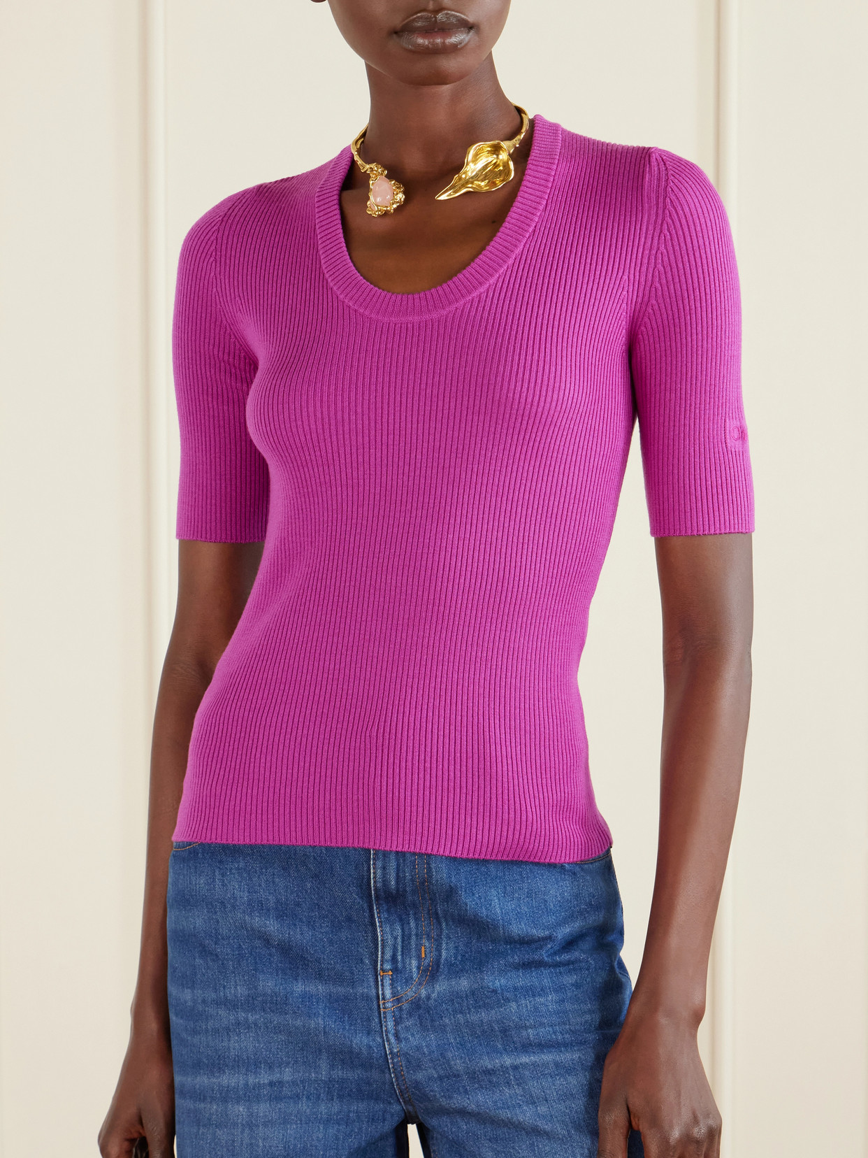 Chloé Chloe Logo-embroidered Ribbed Wool Top In Multi