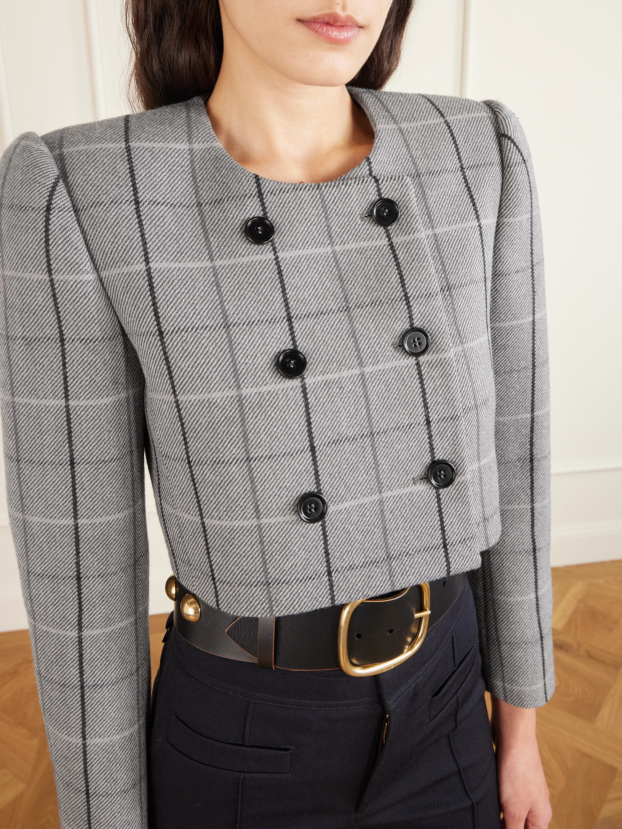 Chloé Cropped Double-breasted Checked Wool Jacket In Gray