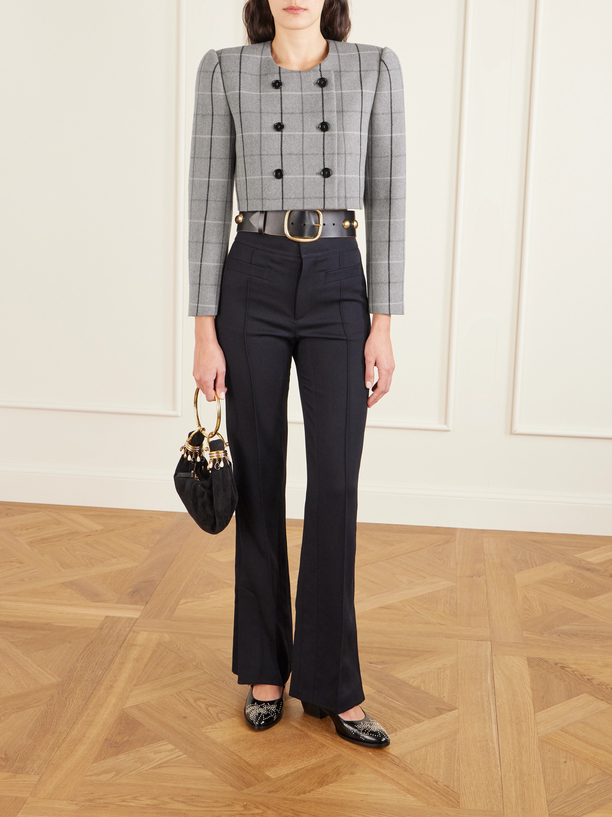 Chloé Cropped Double-breasted Checked Wool Jacket In Gray
