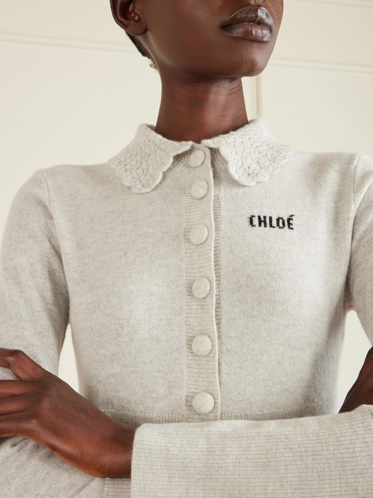Chloé Wool Cardigan Logo Long Sleeves Scalloped Collar In Gray