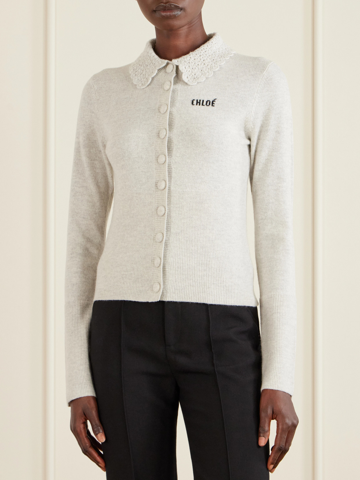 Chloé Wool Cardigan Logo Long Sleeves Scalloped Collar In Gray