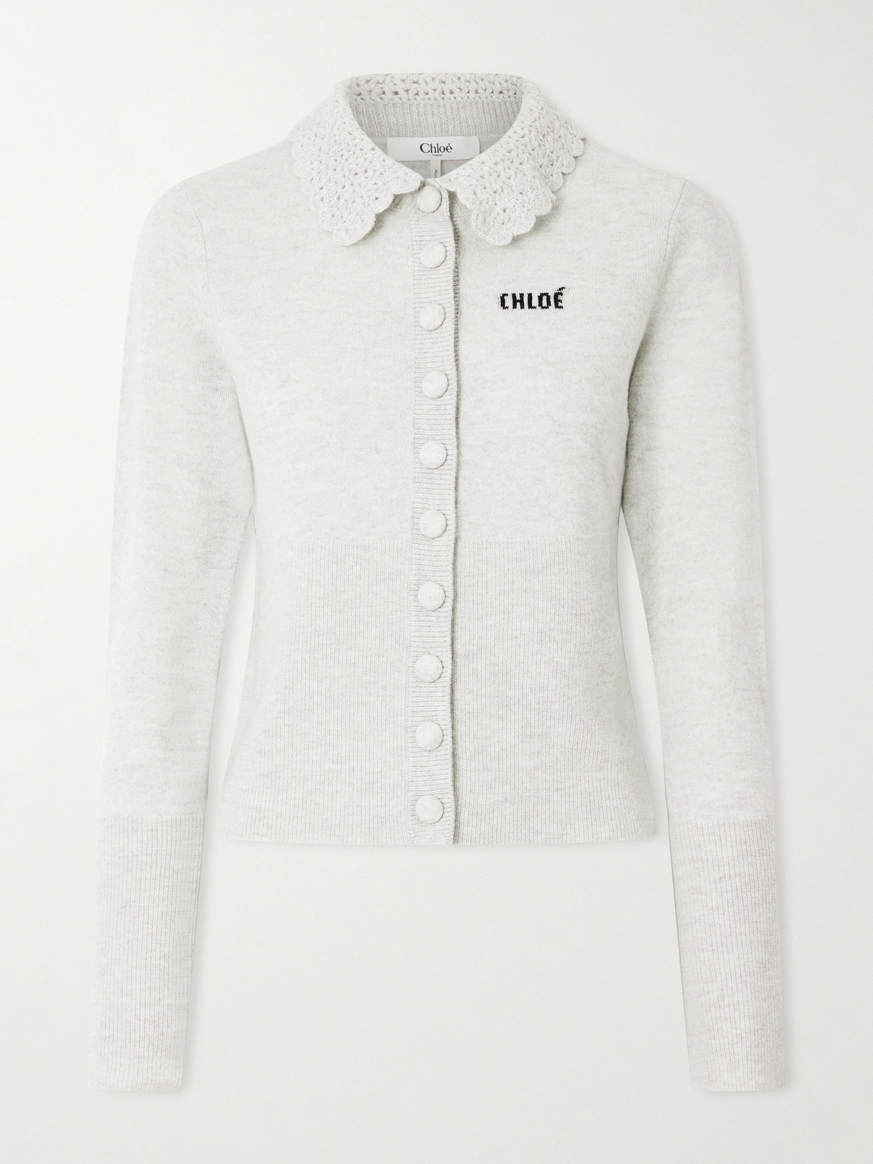 Chloé Crochet-trimmed Logo-detailed Wool Cardigan In Gray