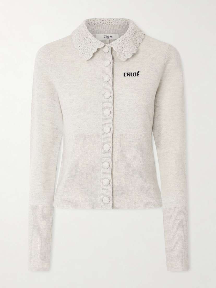 Chloé Crochet-trimmed Logo-detailed Wool Cardigan