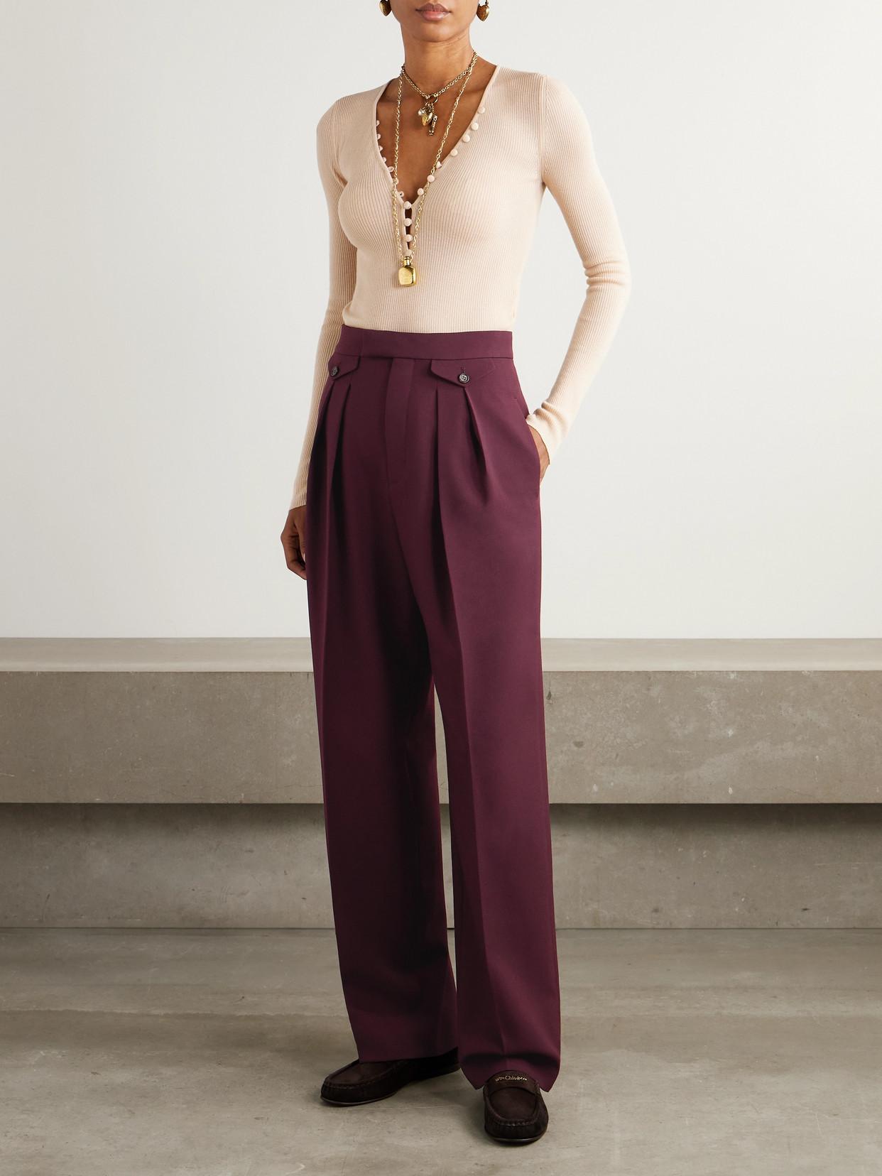 Chloé Pleated Wool-gabardine Wide-leg Pants In Burgundy