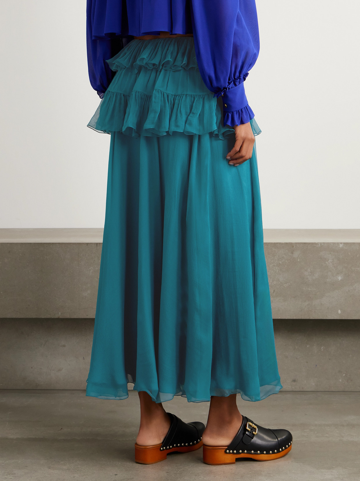 Chloé Tiered Organic Silk-mousseline Maxi Skirt In Blue
