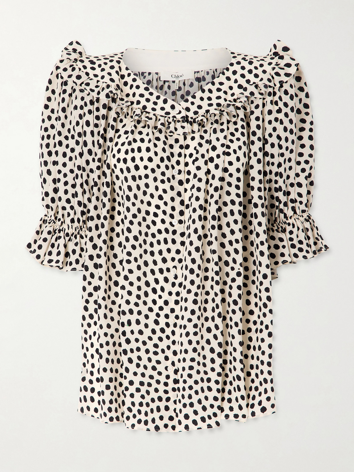 Chloé Gathered Polka-dot Silk Crepe De Chine Blouse In Nude