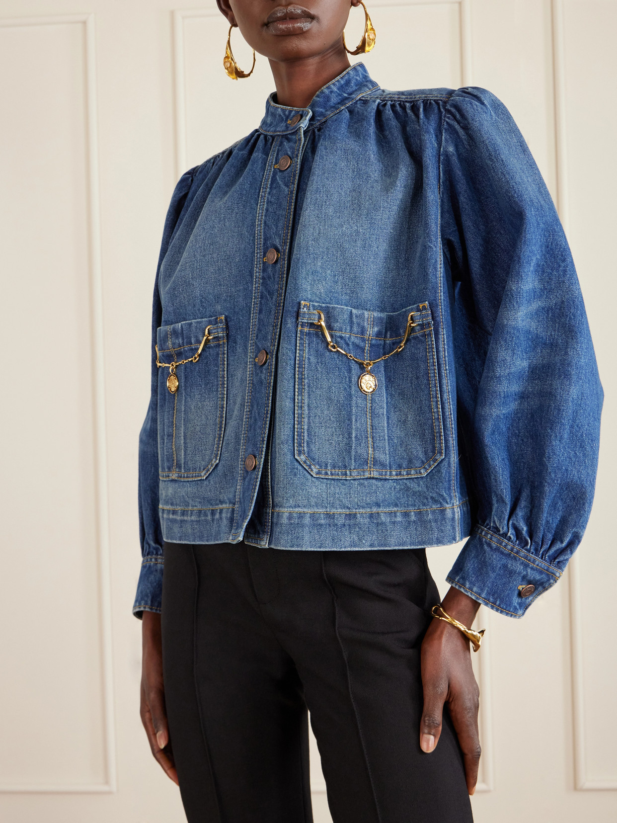 Chloé Blue Jacket With High Neck And Chain Detail On The Front In Denim Woman