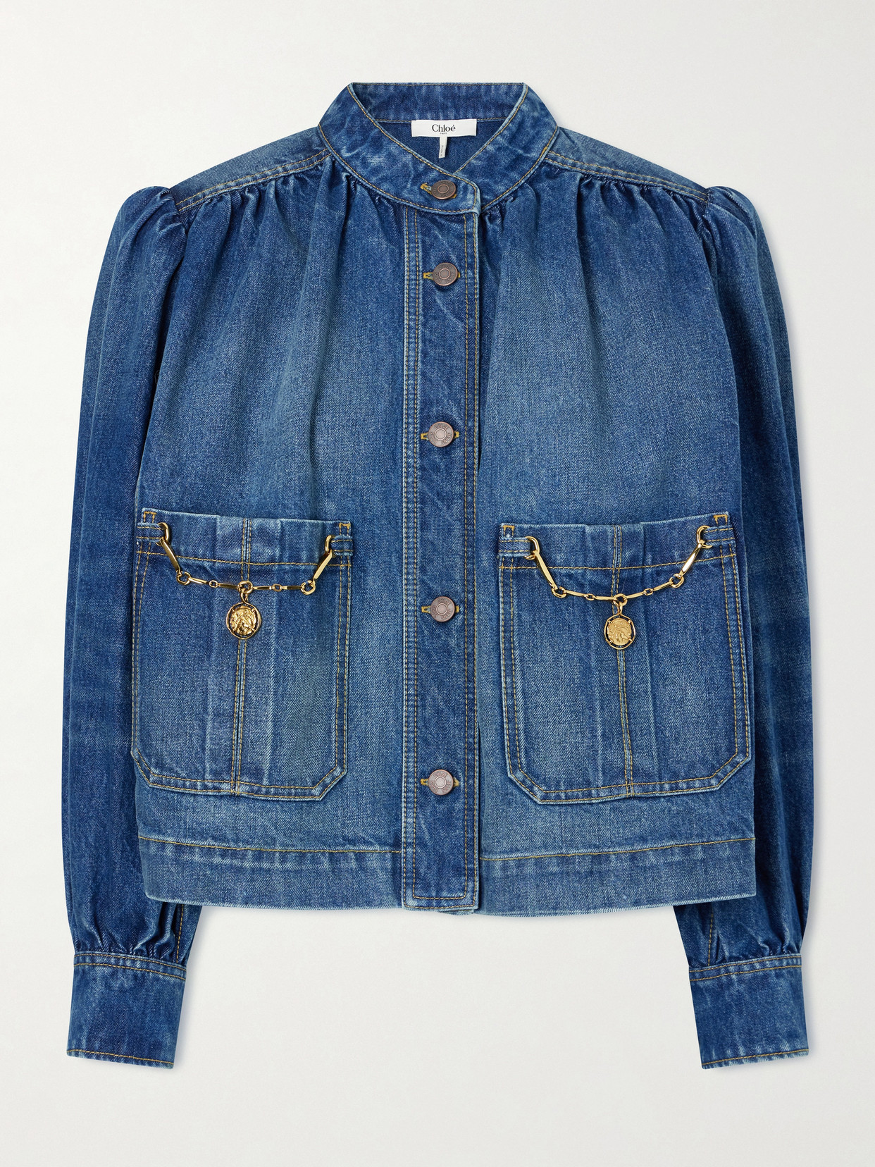 Chloé Blue Jacket With High Neck And Chain Detail On The Front In Denim Woman