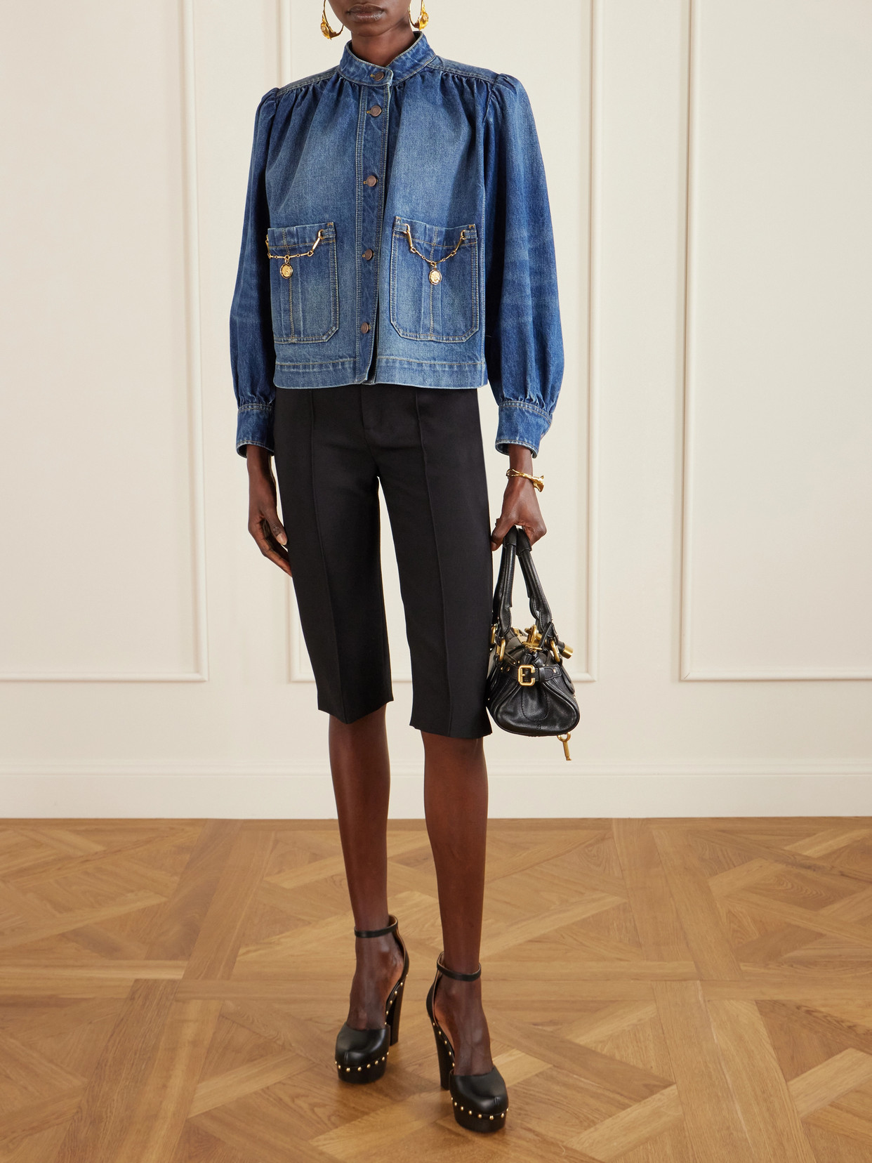 Chloé Blue Jacket With High Neck And Chain Detail On The Front In Denim Woman