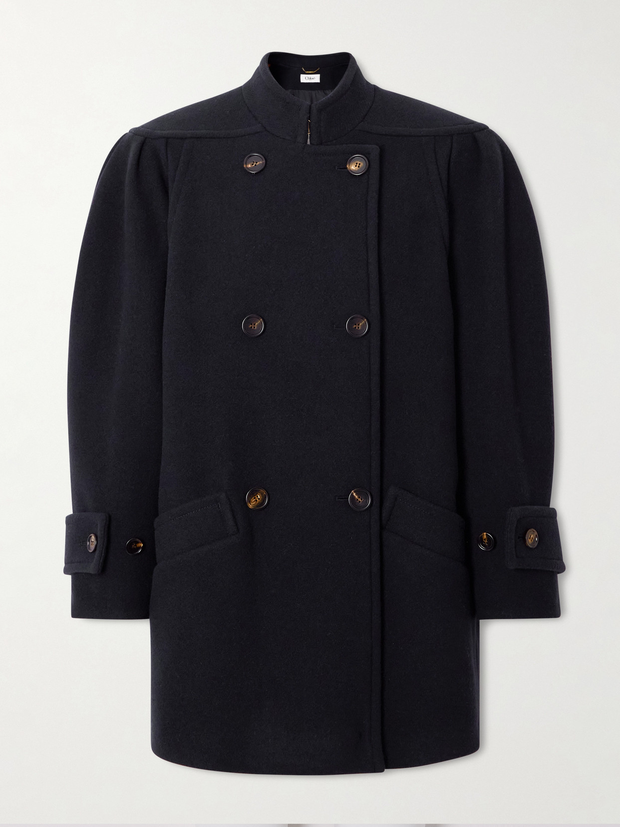 Chloé High-neck Double-breasted Coat In Wool In Blue
