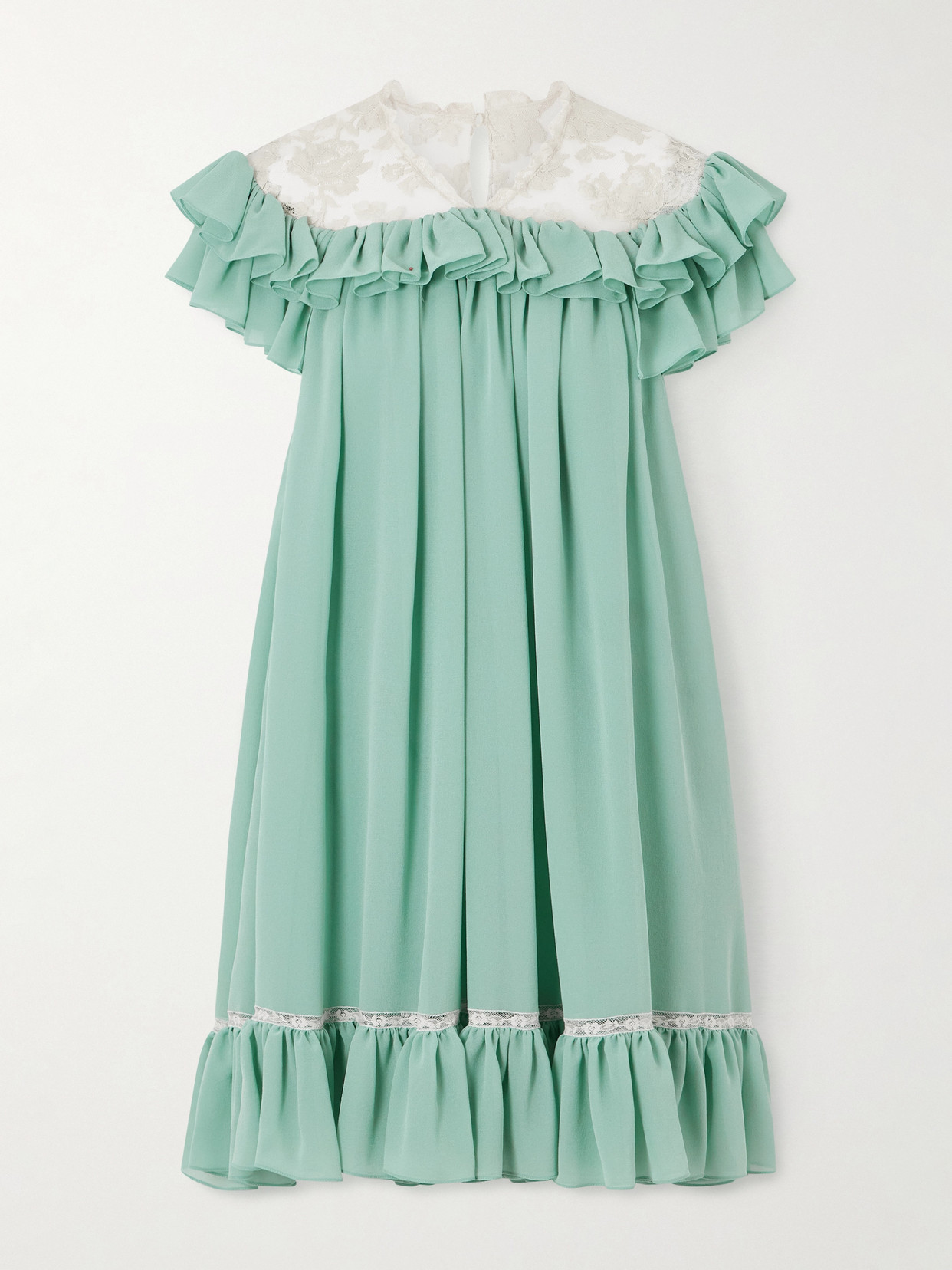 Chloé Ruffled Lace-trimmed Silk Georgette Mini Dress In Green