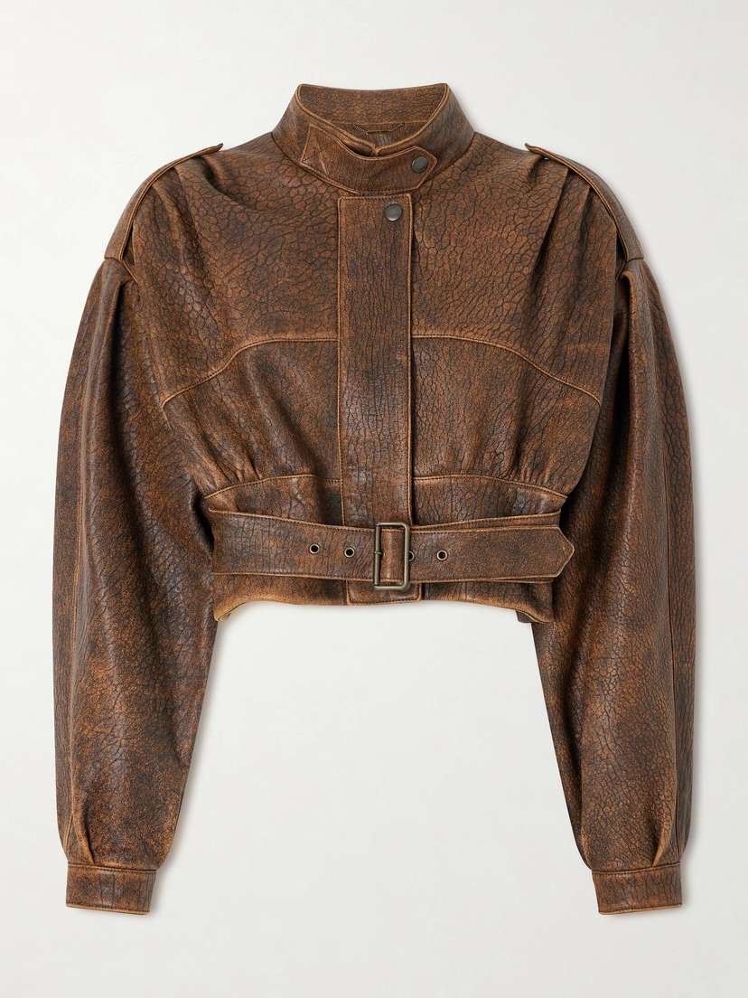 Cropped Belted Textured-leather Jacket