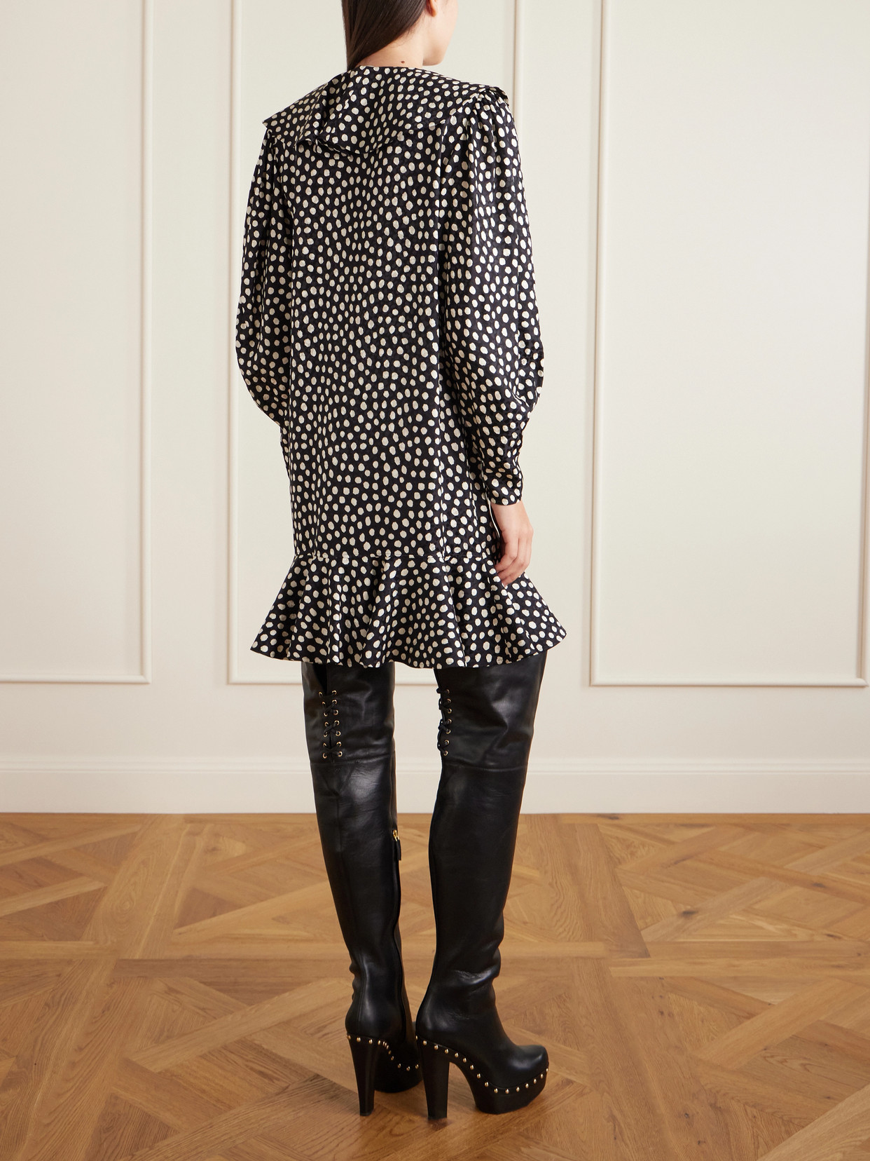 Chloé Dots-print Silk Jacquard Capelet Long-sleeve Mini Dress In Black