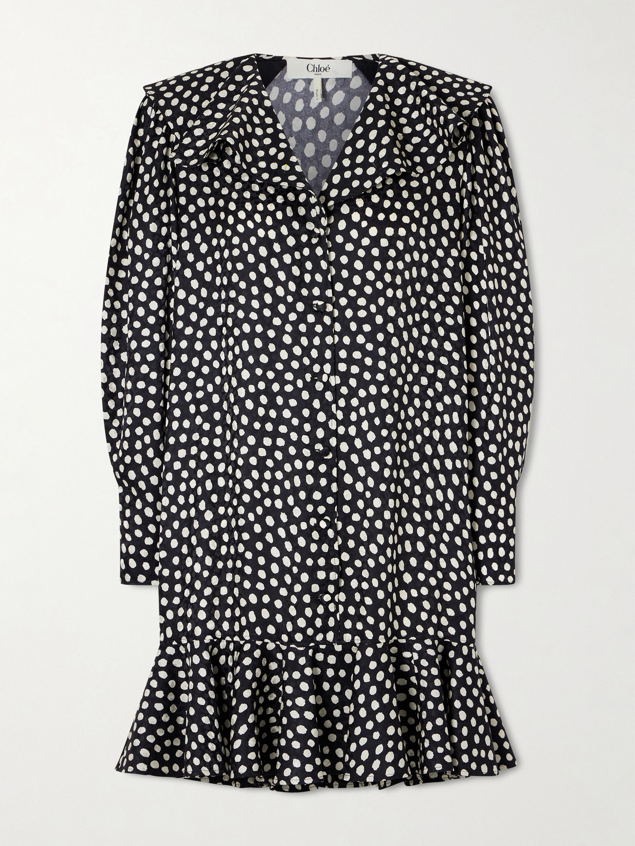 Chloé Dots-print Silk Jacquard Capelet Long-sleeve Mini Dress In Black