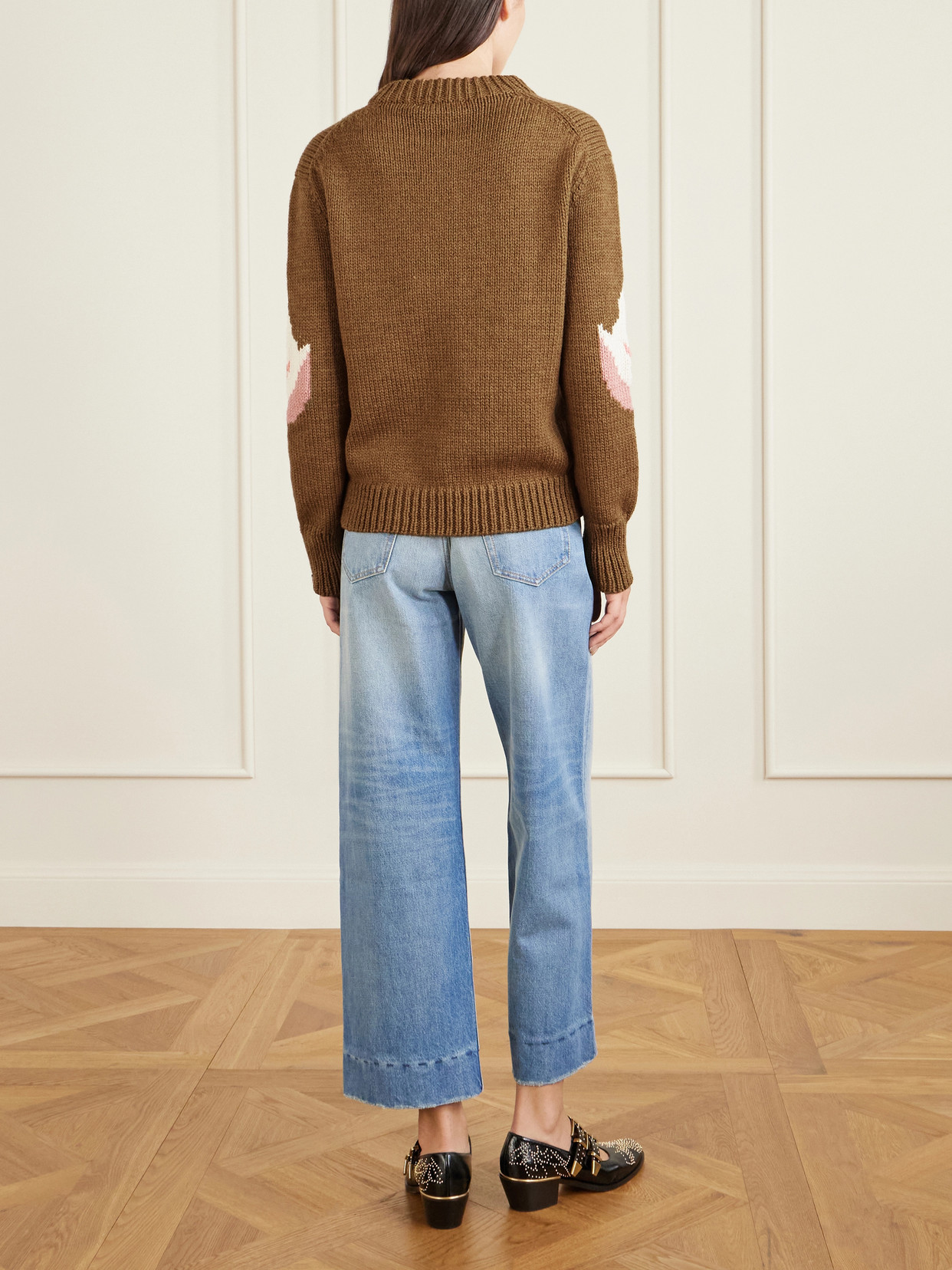 Chloé Hand Knit Flamingo Intarsia Wool Crewneck Sweater In Brown