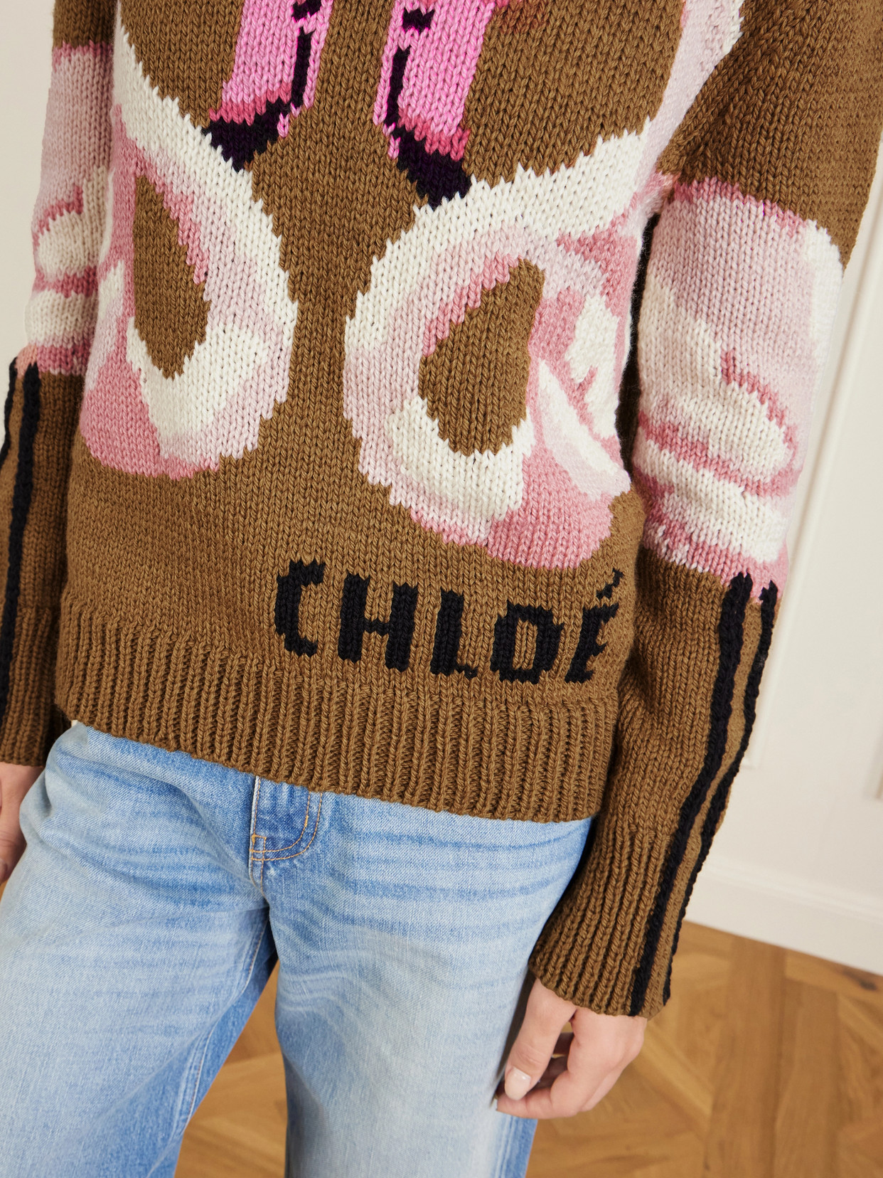 Chloé Hand Knit Flamingo Intarsia Wool Crewneck Sweater In Brown