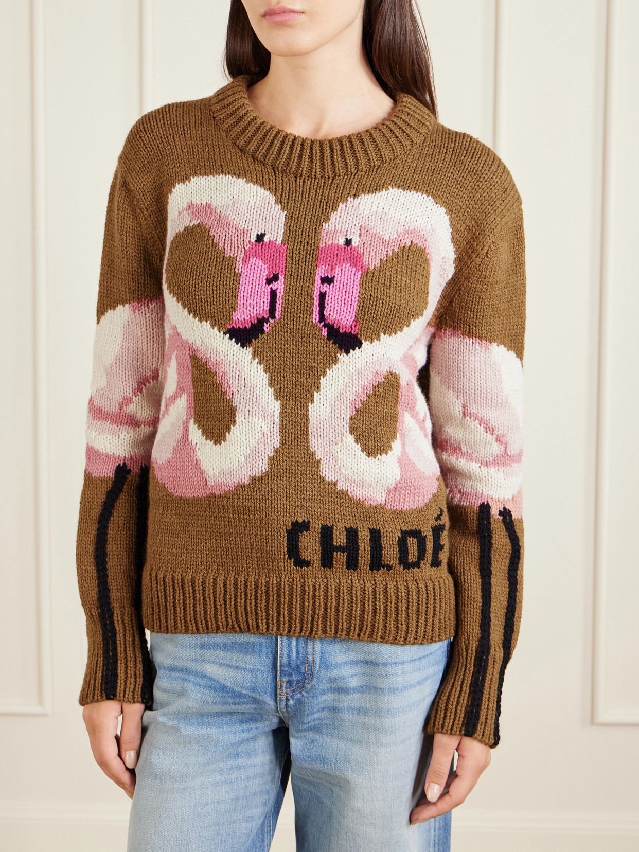 Chloé Hand Knit Flamingo Intarsia Wool Crewneck Sweater In Brown