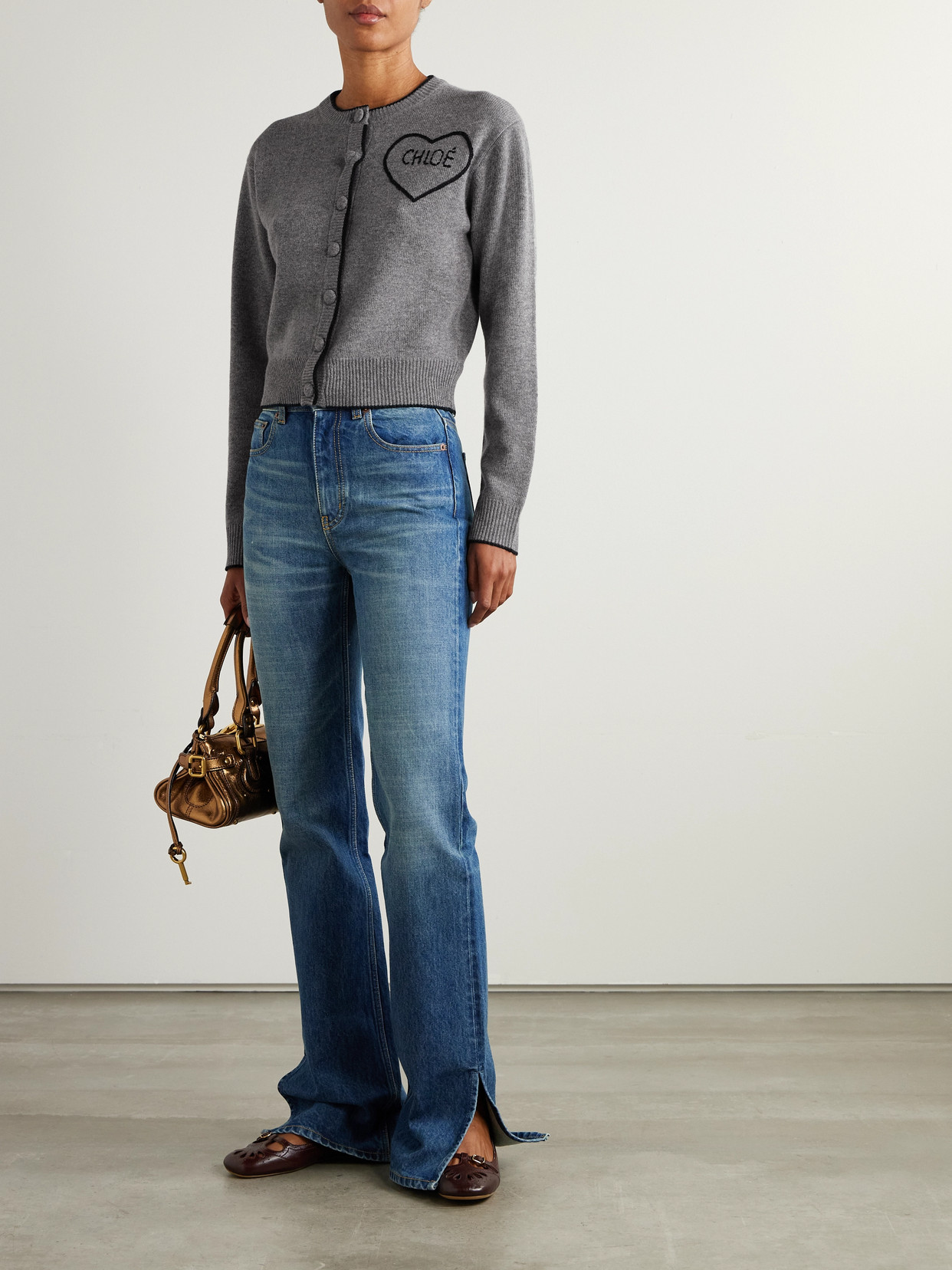 Chloé Wool And Cashmere Cardigan With Logo Knitwear Grey In Gray