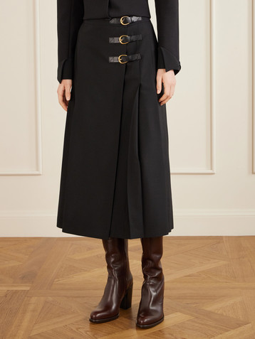 Chloé Pleated leather-trimmed grain de poudre wool midi skirt