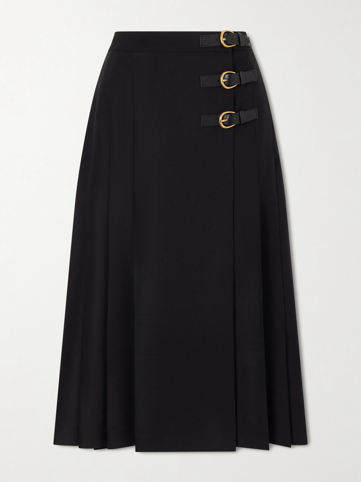 Chloé Pleated Leather-trimmed Grain De Poudre Wool Midi Skirt In Black