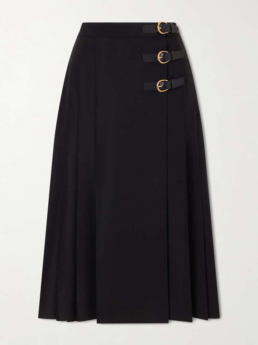 Chloé Pleated Leather-trimmed Grain De Poudre Wool Midi Skirt