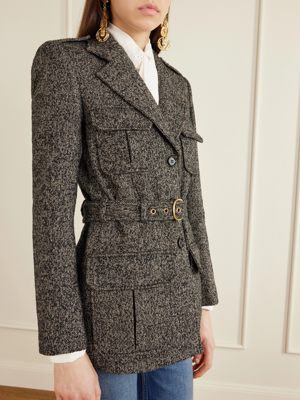 Chloé Belted Herringbone Wool-blend Jacket In Brown