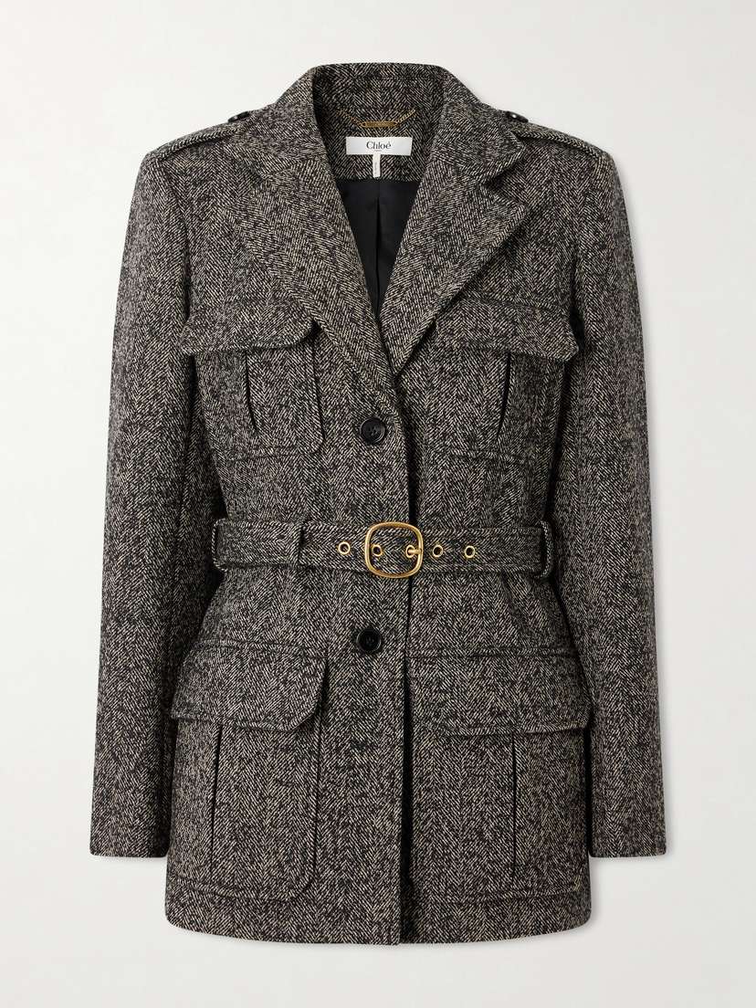 Chloé Belted Herringbone Wool-blend Jacket