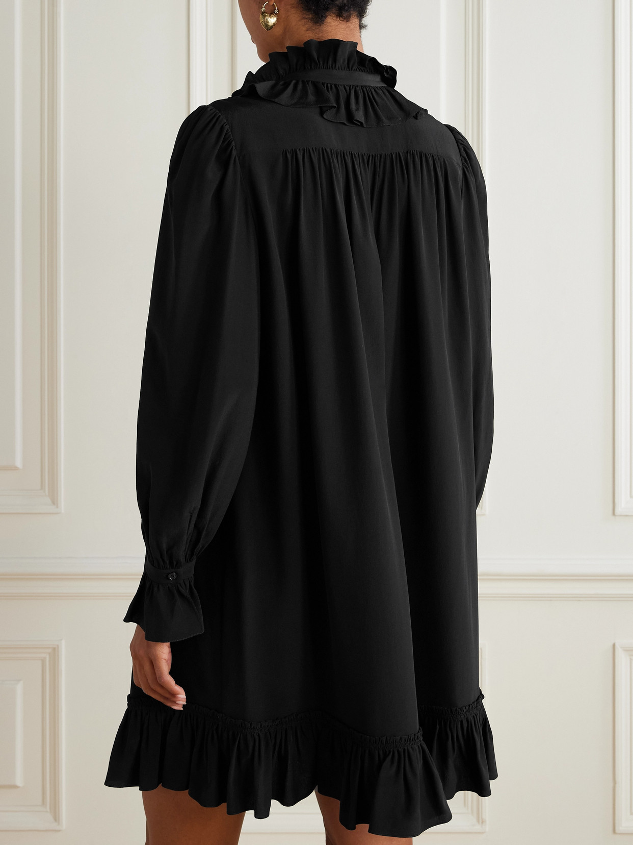 Chloé Pussy-bow Ruffled Organic Silk-crepe Mini Dress In Black