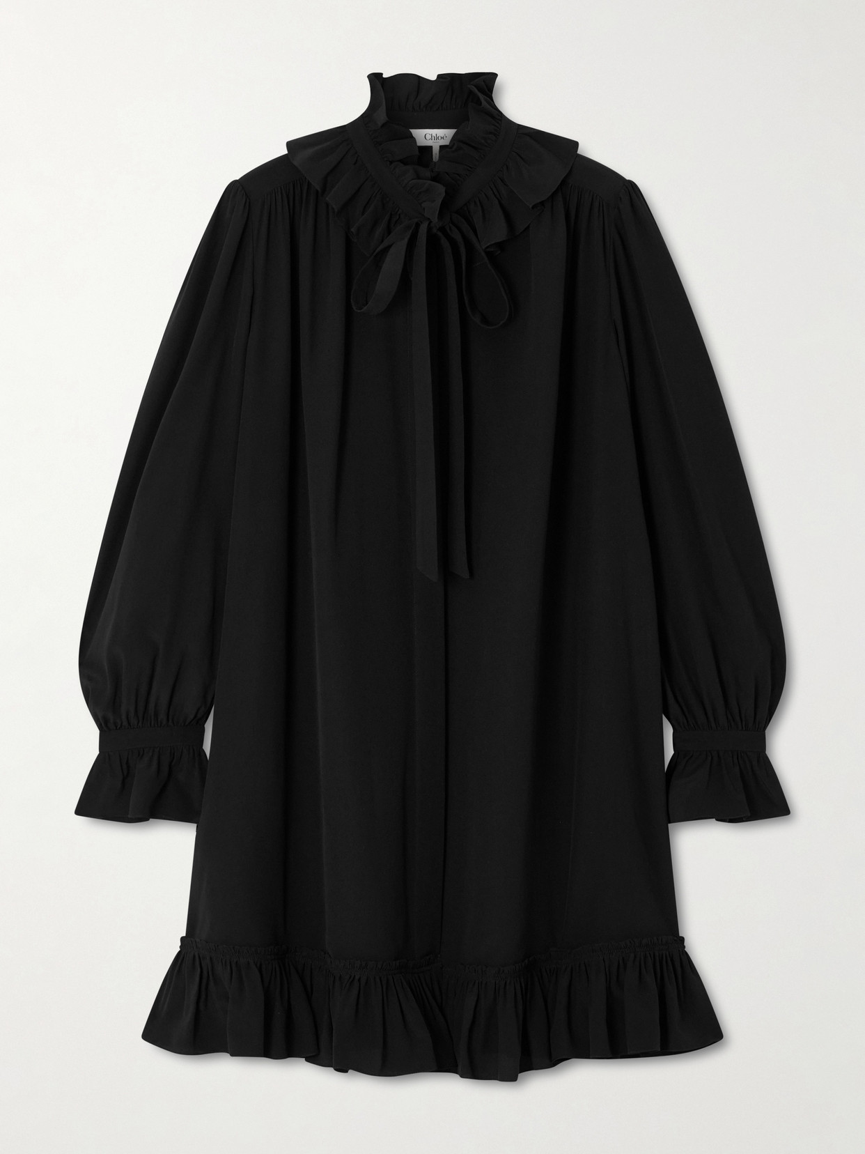 Chloé Pussy-bow Ruffled Organic Silk-crepe Mini Dress In Black