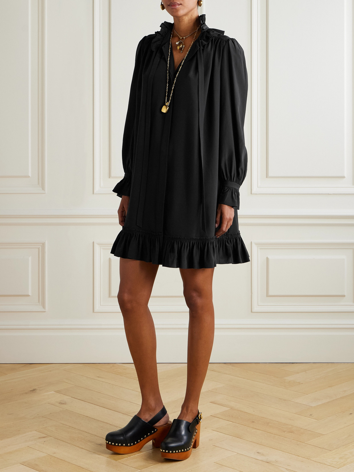 Chloé Pussy-bow Ruffled Organic Silk-crepe Mini Dress In Black