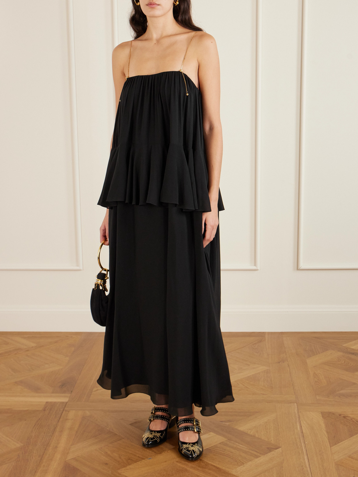 Chloé Open-back Embellished Tiered Silk-georgette Maxi Dress In Black