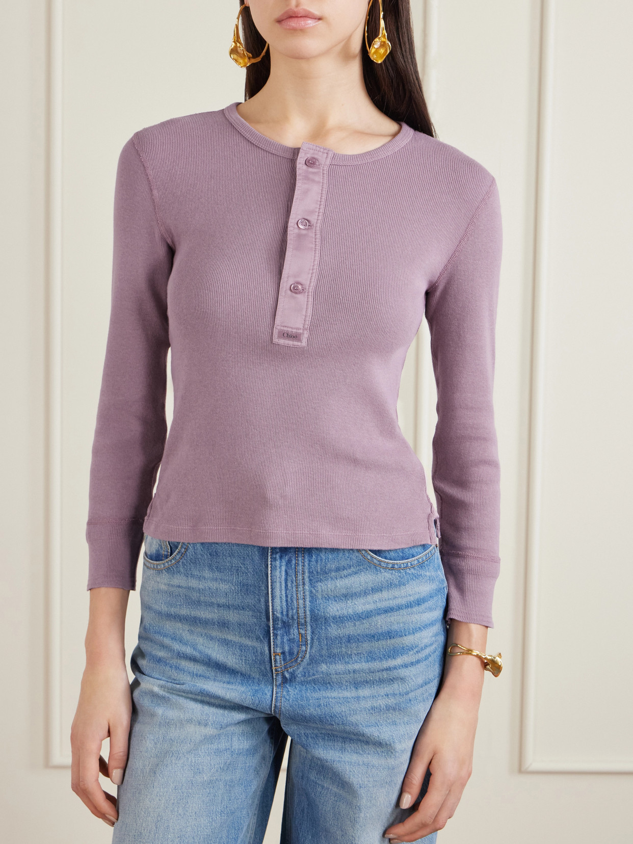 Chloé Fitted Henley Cotton Jersey Shirt Clothing In Pink
