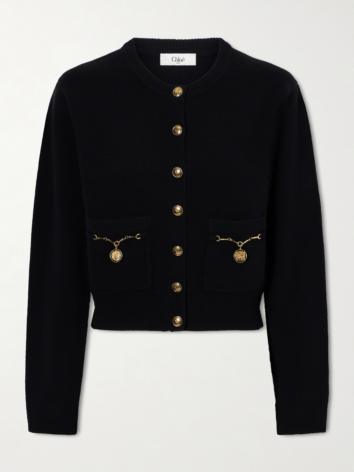 Chloé Chloe Embellished-pocket Wool And Cashmere-blend Cardigan In Black