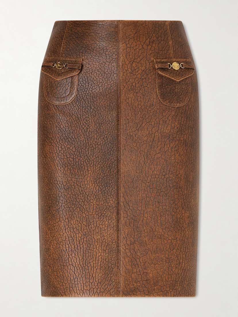 Chloé Horsebit-embellished Textured-leather Midi Skirt